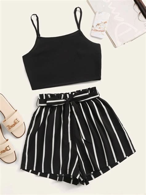 Crop Cami Top With Striped Self Tie Shorts Shein Cute Lazy Outfits