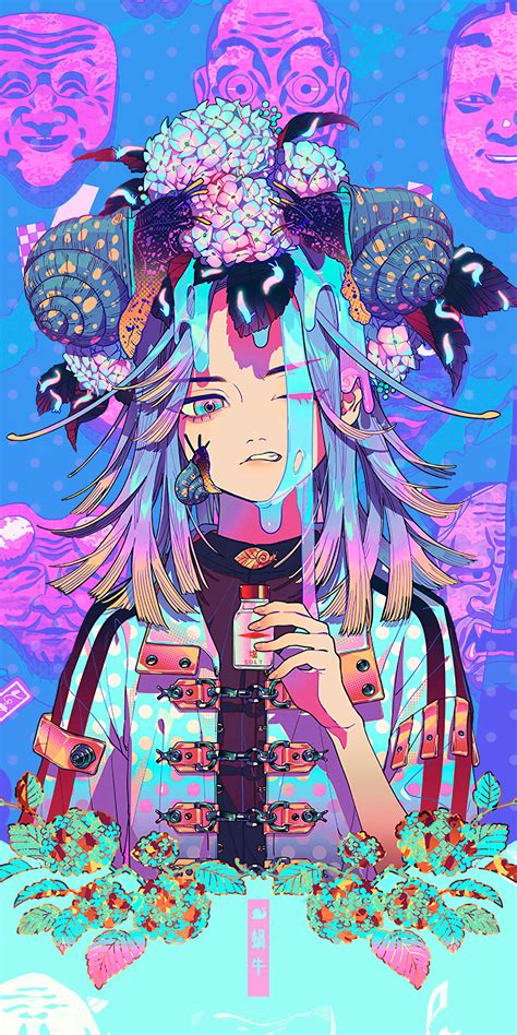 Download Wallpaper 1080x2160 Anime Masks Glitch Art Aki Akane Art