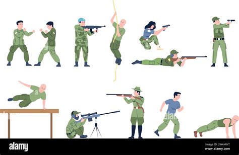 Military Training Characters Soldiers Shooting Running And Doing