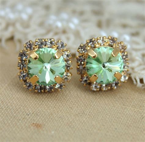 Mint Stud Earringsclear Mint Swarovski Earrings Mint Green Etsy