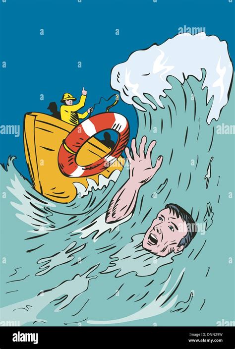 illustration of man drowning and man rescuing lifeguard done in retro style stock vector image