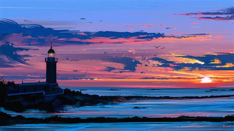 Lighthouse Coast Drawing Aenami Digital Art Wallpapers