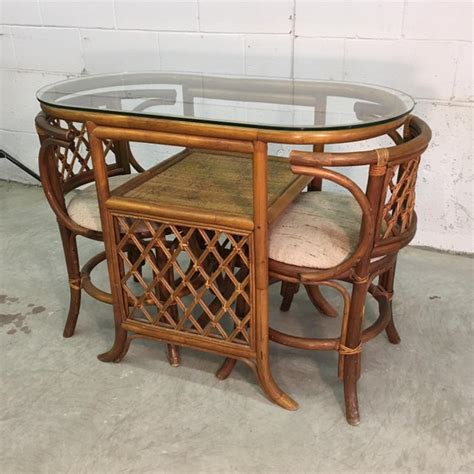 Vintage 2 piece set bamboo rattan bentwood low swivel chairs red cushions. 1960s Rattan & Glass Top Dining Set | Chairish