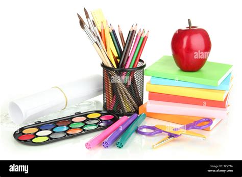 School Supplies Books And Apple Isolated On White Stock Photo Alamy