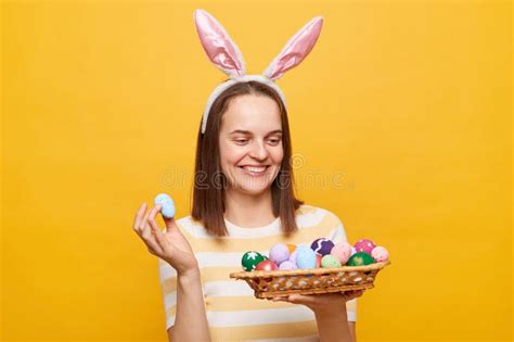 Image Of Smiling Beautiful Cheerful European Woman Wearing Rabbit Ears