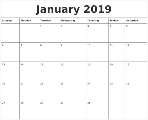 January 2019 Print Out Calendar