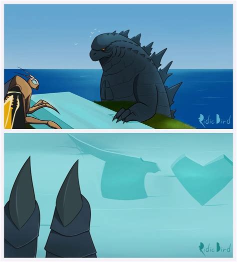 Two Different Views Of Godzillas In The Water And One Is Looking At
