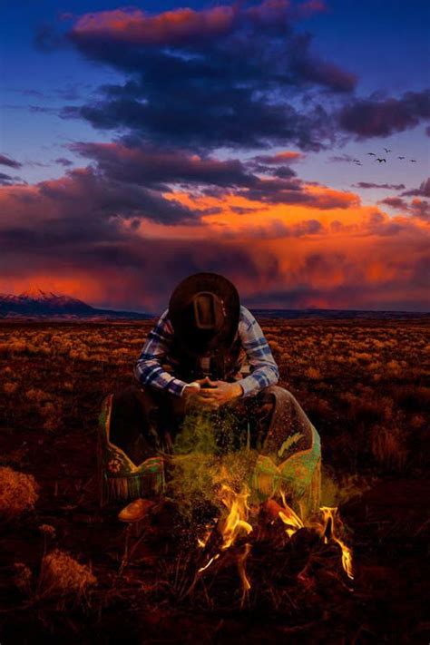 Lone Cowboy Sunset Outdoors Nature Clouds Fire Desert Country Alone