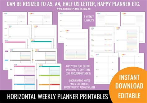 Weekly Planner Printable 2 Page Spread Insert Editable Refill Etsy