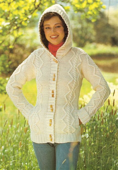 vintage knitting pattern lady s aran jacket with toggles and hood pdf