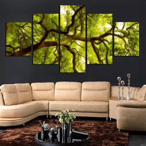 Free Shipping 5 Panels Green Tree Painting Canvas Wall Art Picture Home