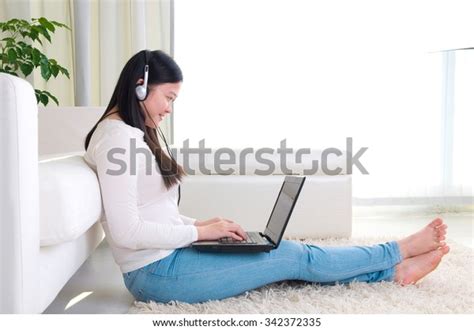 Portrait Attractive Asian Girl Using Laptop Stock Photo