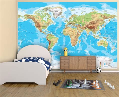 Physical World Map Wall Mural Miller Projection Peel And Stick
