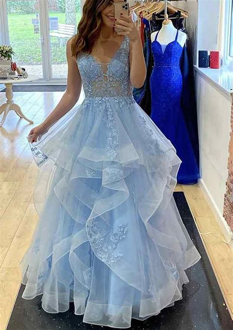 A Line V Neck Sleeveless Lace Tulle Longfloor Length Prom Dress With