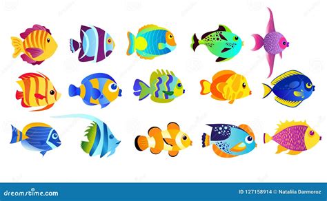 Vector Illustration Set Of Bright Colors Tropical Fishes Isolated On