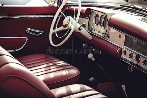 Close Up Of Vintage Car Interior With Classic Leather Seats And Chrome