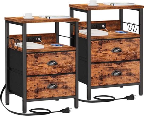 Amazon Com Furologee Nightstand Set Of Rustic Brown With Charging Station And Usb Ports