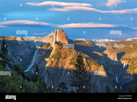 View Of Half Dome And Waterfalls From Glacier Point With Sunset Clouds
