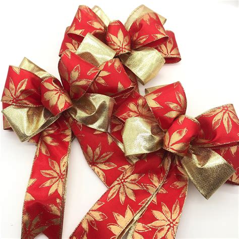 Christmas Red And Gold Decorative Bows Set Of 3 Bows Gold Etsy