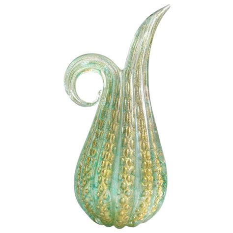 Barovier Toso Murano Green Gold Flecks Italian Art Glass Pitcher Vase At 1stdibs