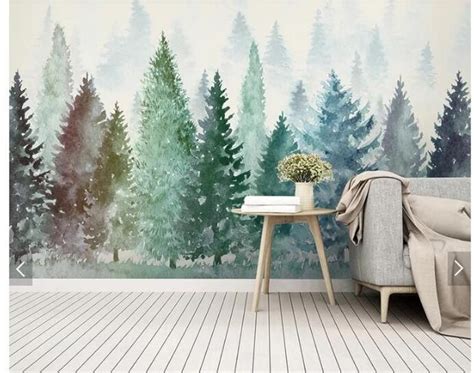 Watercolor Pine Trees Wallpaper Wall Mural Abstract Pine Trees With