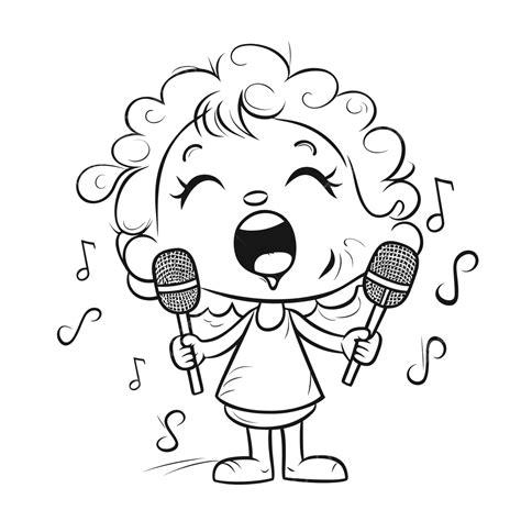 Black And White Cartoon Of A Little Girl Singing With A Microphone