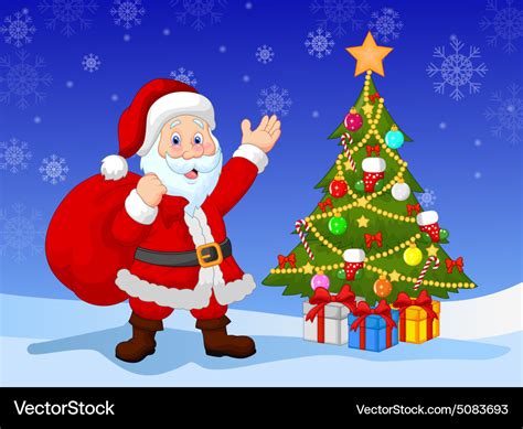 Cartoon Santa Clause With Christmas Tree Vector Image