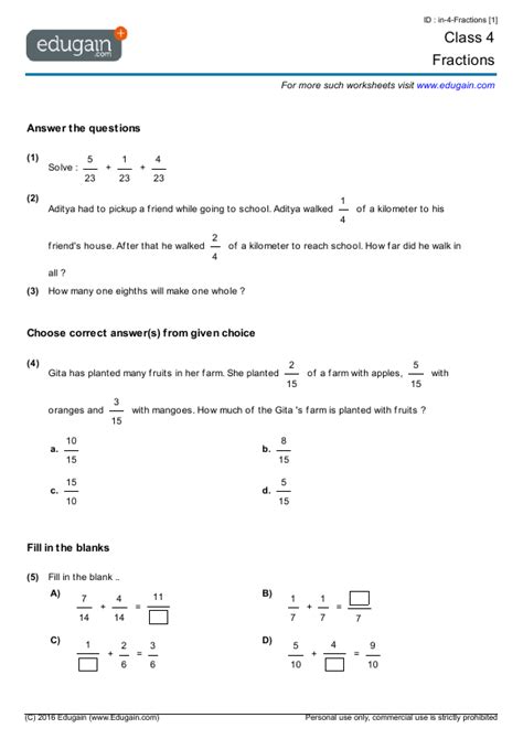 Grade 4 Math Worksheets And Problems Fractions Edugain Usa