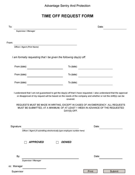 Time Off Request Form Template Printable Printable Forms Free Online