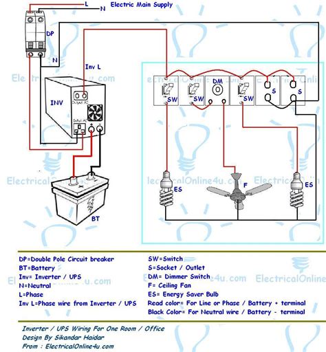 Ups inverter wiring diagram for one room office electrical online 4u electrical tutorials house wiring circuit diagram ups system. UPS & Inverter Wiring Diagram For One Room / Office ...