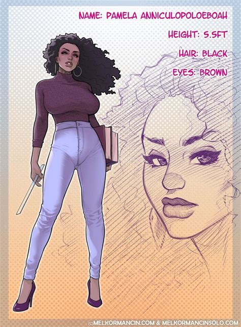 A Drawing Of A Woman With An Afro Hairstyle And Purple Top Holding A Knife