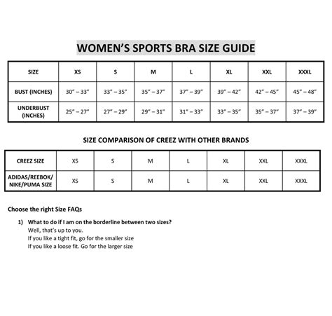 Sports Bra Size Chart Creez