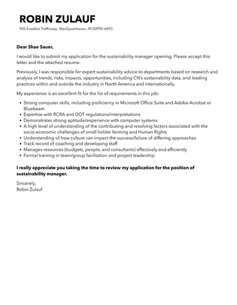 Sustainability Manager Cover Letter Velvet Jobs