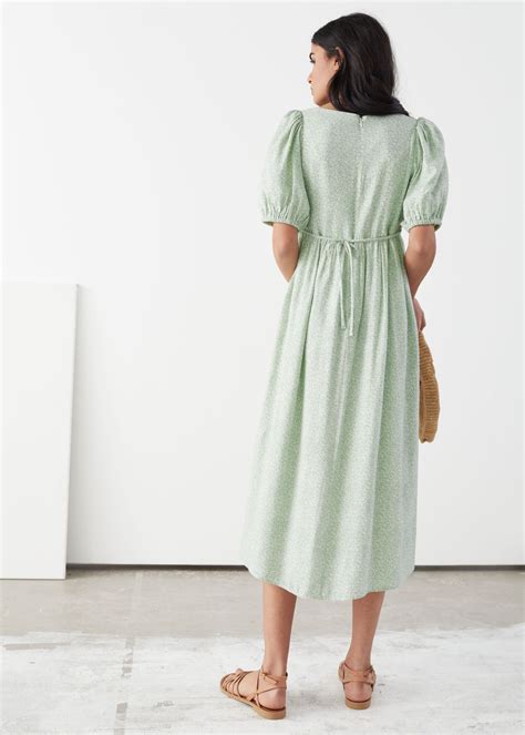 square neck puff sleeve midi dress green florals midi dresses and other stories puff