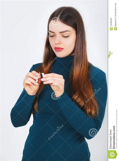 Beautiful Woman Holding Broken Cigarette Quitting Cigarettes Stock