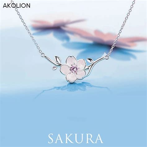 Akolion Silver Cherry Blossoms Necklaces Sakura Flower Pendants With
