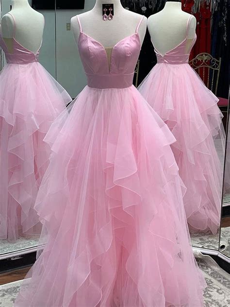 Princess V Neck Backless Pink Prom Dresses Backless Pink Formal