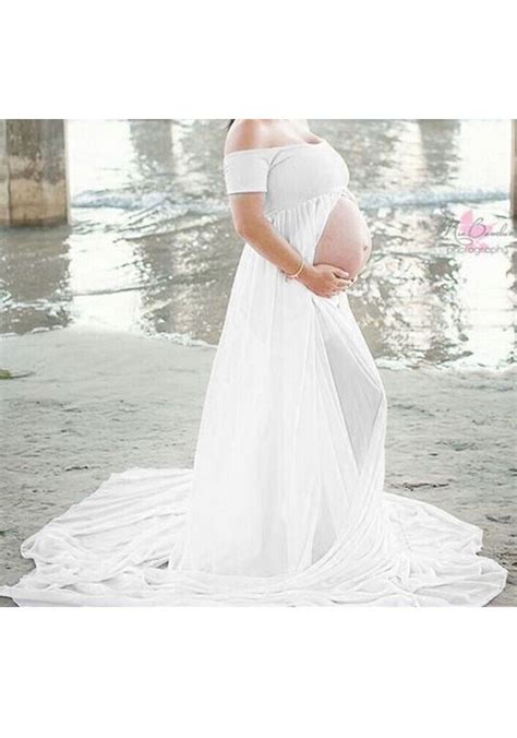 Long white maternity dress for unforgettable moments! White Bandeau Draped Backless Front Slit Off Shoulder ...