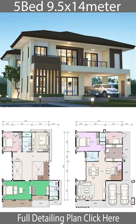 Modern House Design 2 Floor House Design Plan 9 5x14m With 5 Bedrooms