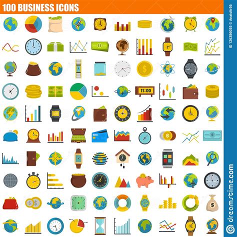 100 Business Icon Set Flat Style Stock Vector Illustration Of