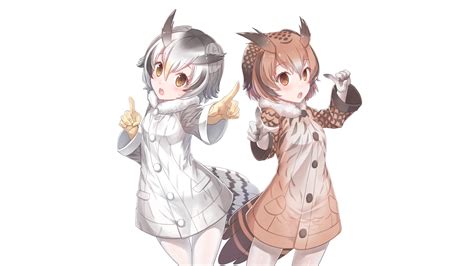 2girls Animal Ears Anthropomorphism Blush Brown Hair Eurasian Eagle Owl