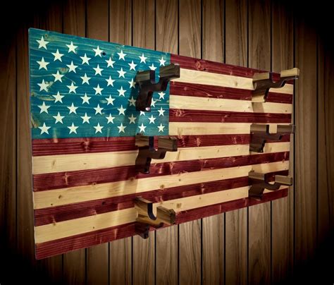 American Flag Gun Rack Pistol Hangers 3 Place Knotty Pine Wood Wall