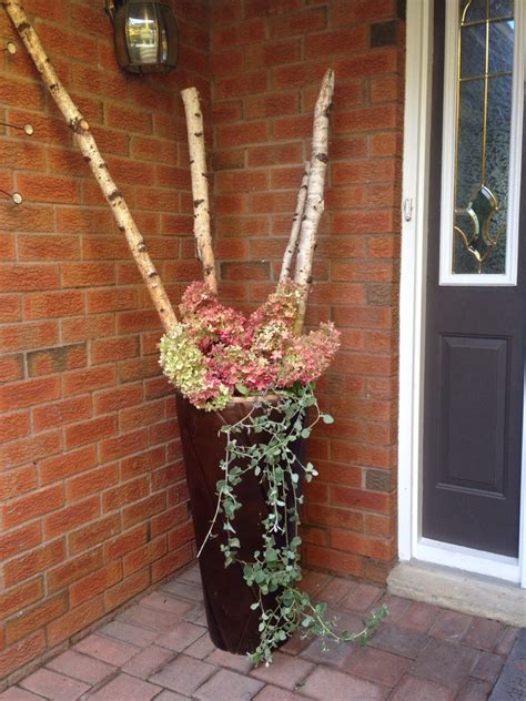 Fall Planter With Hydrangeas And Birch Branches Fall Front Porch