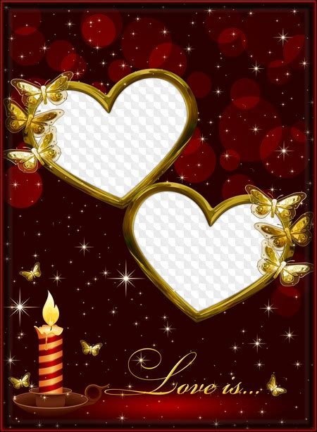 Romantic Frame For Photoshop Two Hearts Butterflies Candles Love