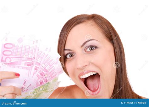 Glückliche Frau Mit Gruppe Eurorechnungen Getrennt Stockbild Bild Von Kaukasisch Geld 11712551