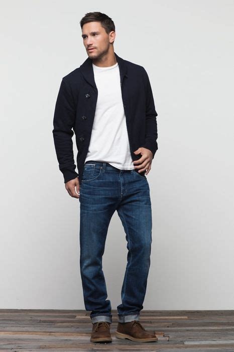 White Crew Neck T Shirt Black Shawl Cardigan Blue Jeans Dark Brown Desert Boots Original 7021