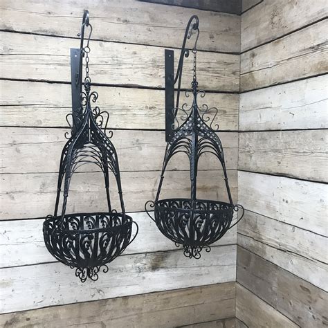 Pair Black Finish Metal Wirework Hanging Baskets With Brackets W47cm