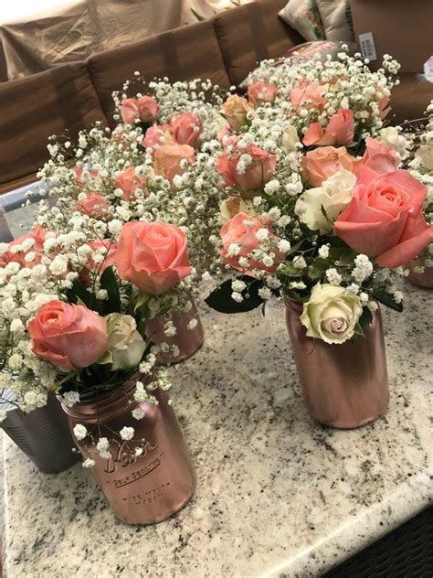 Rose Gold Mason Jar Centerpiece Etsy Gold Mason Jars Centerpieces