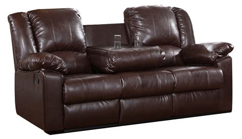 Leatherette Reclining Sofa With Drop Down Cup Holder Dark Brown