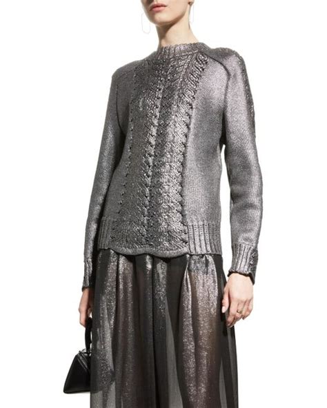 Alberta Ferretti Metallic Cable Knit Wool Pullover In Gray Lyst